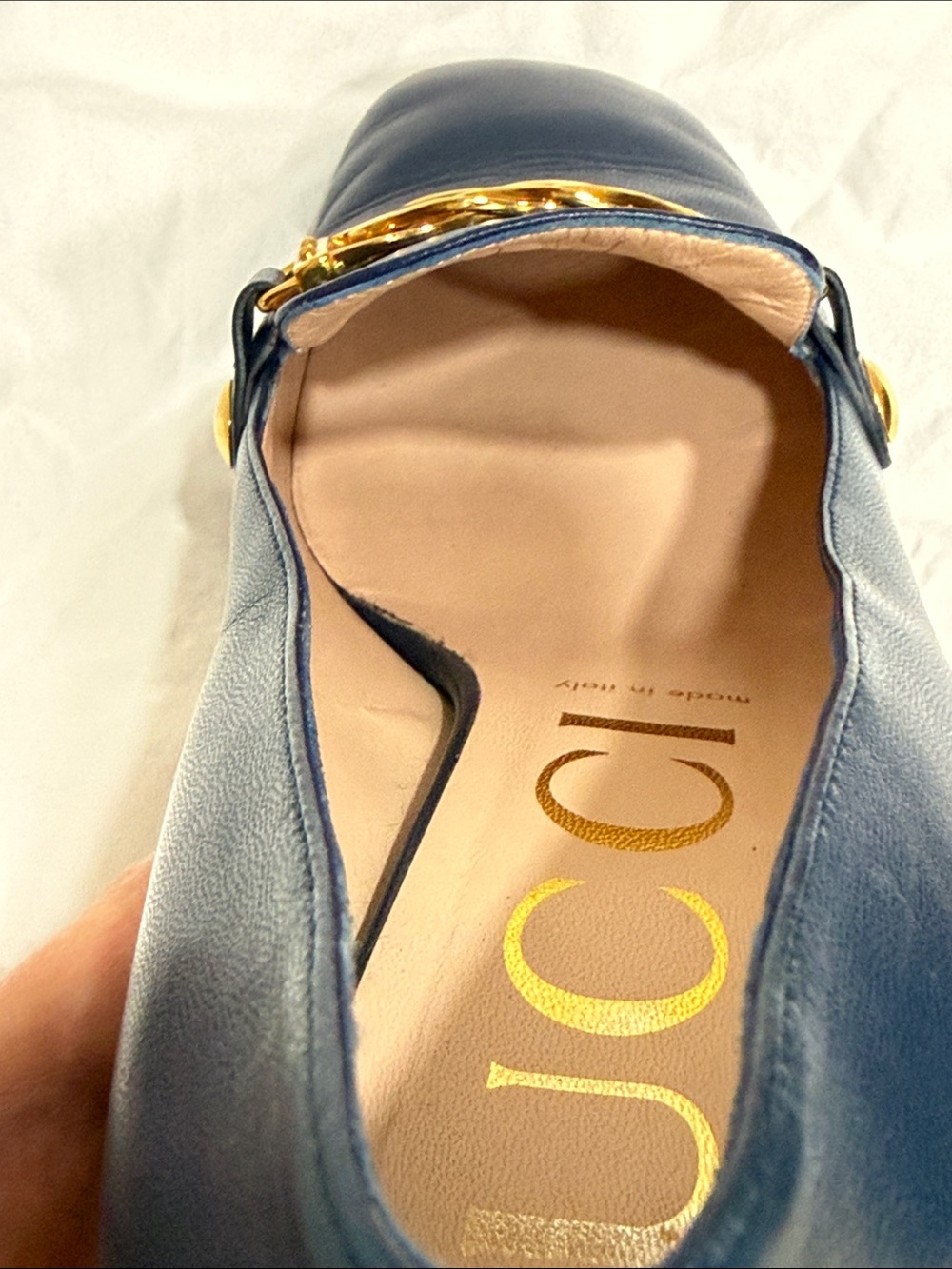 Gucci Navy Leather Loafers with Gold Chain and Red Detail - Picture 12 of 13